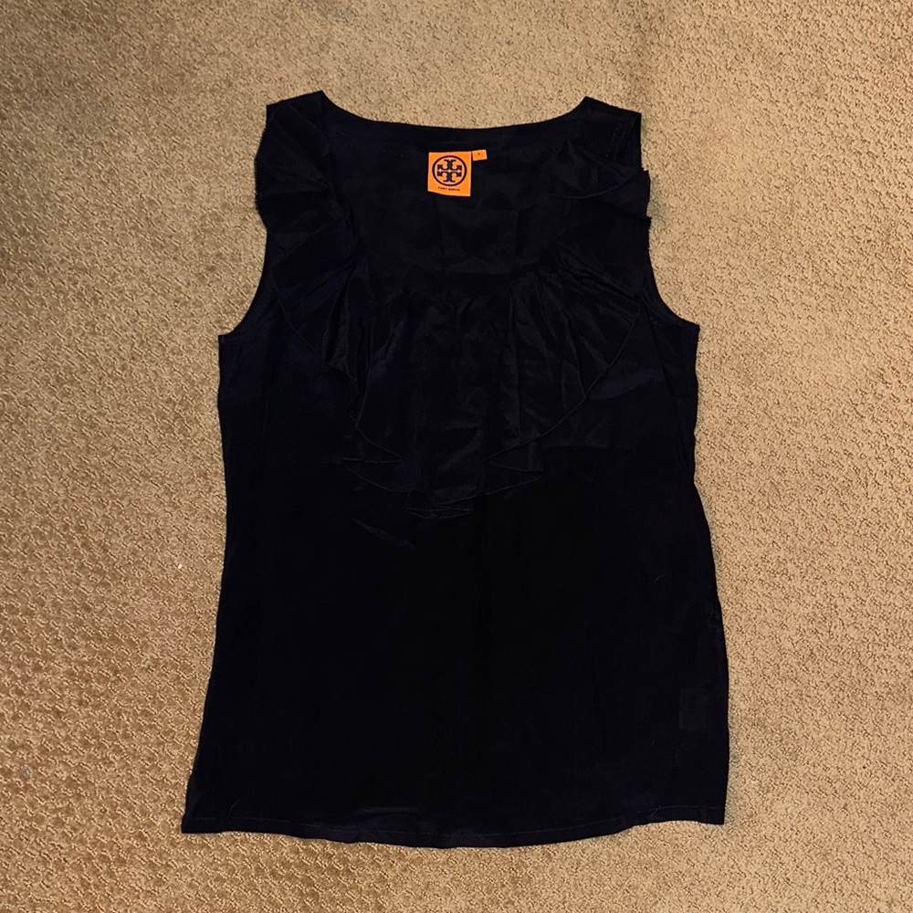 Tory Burch Navy Blue 100% Silk Ruffle Blouse